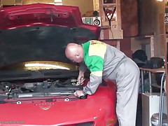Those couple of guys are looking forward to fixing the car when the hot young teen walks into the garage and all of sudden instead of fixing the car they want to fit their cocks into the tight pussy of this teen. She is specially attracted to the shaved fellow as she walks off hand in hand to fuck them.